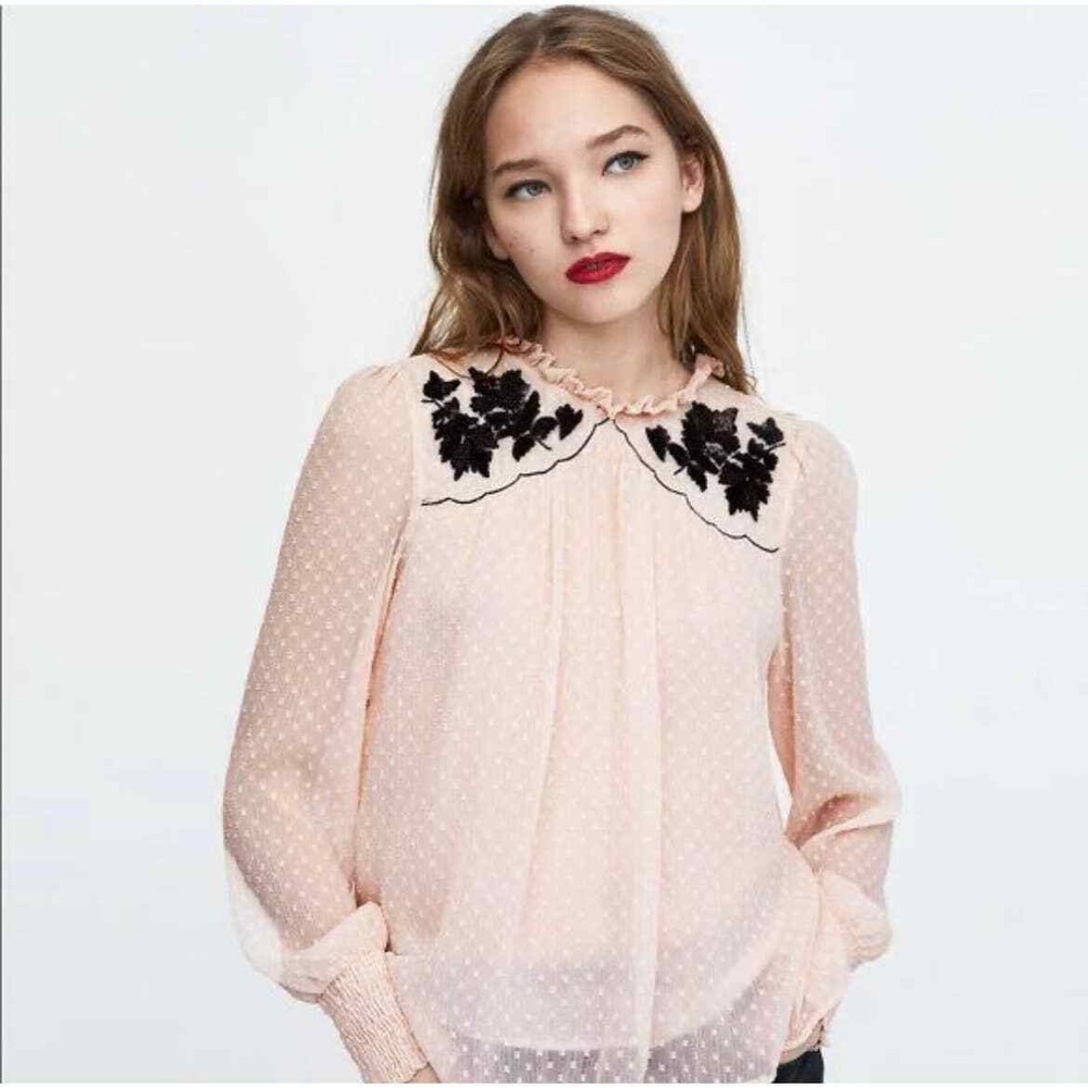 Zara Womens Blush Pink Swiss Dot Embroidered Floral Ruffle Neck Blouse Top | Med